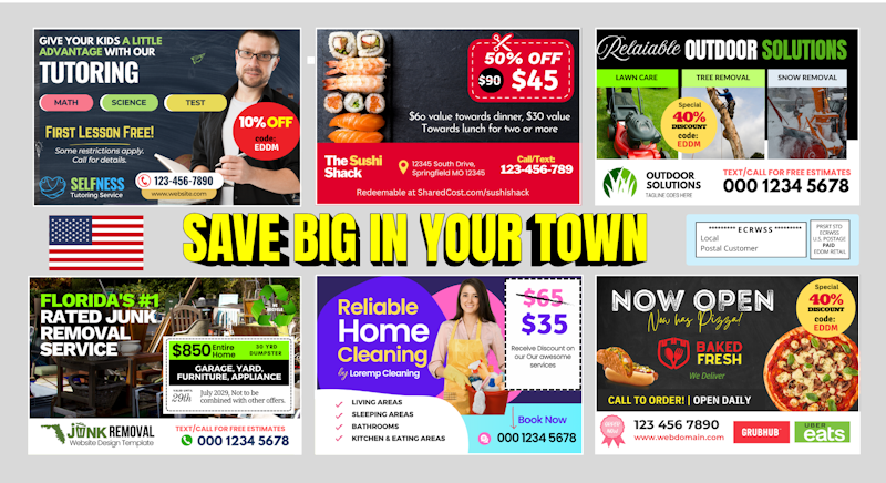 Sample Lucky Mailers postcard Back featuring 6 additional local businesses with discounts and special offers