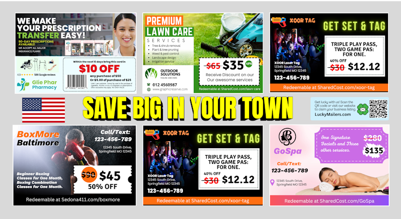 Sample Lucky Mailers postcard Front featuring 6 local businesses with discounts and special offers
